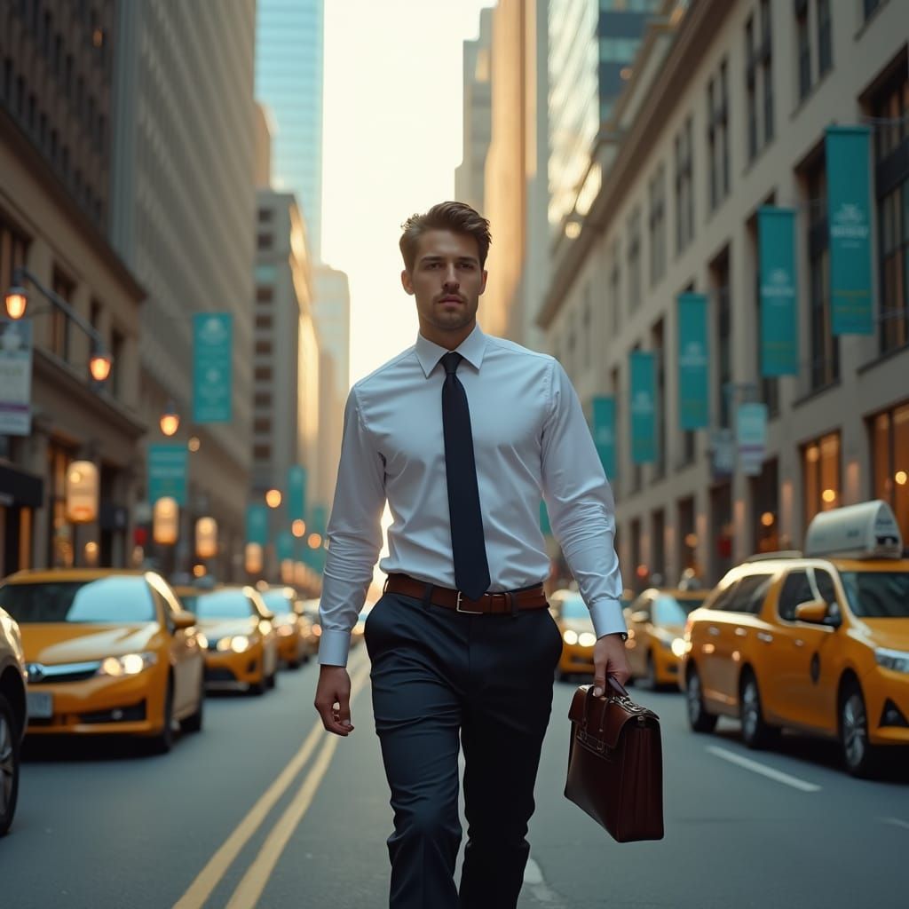 Man Striding Confidently in Bustling Business District