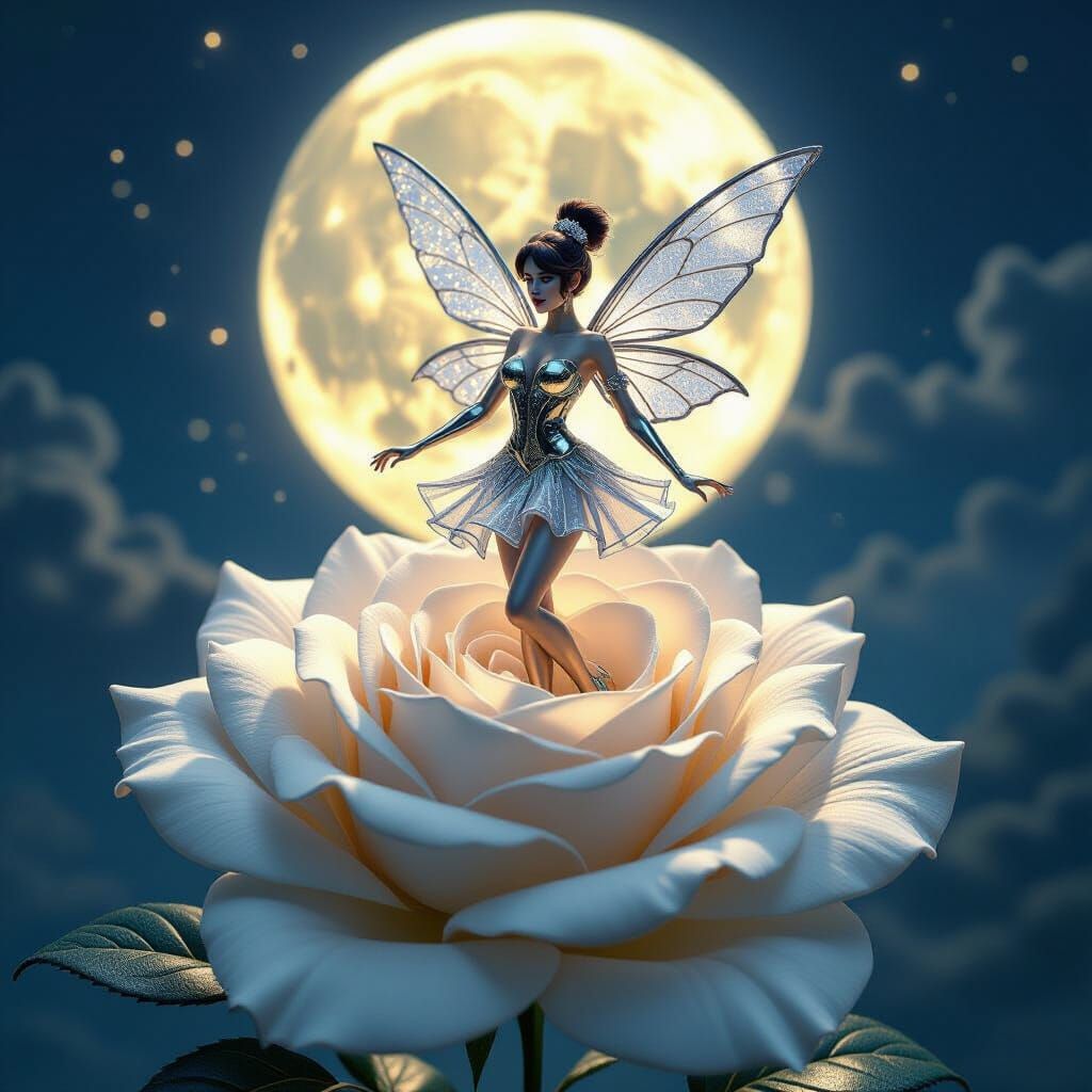 Hyperrealistic Pixie in Chrome Dress on White Rose