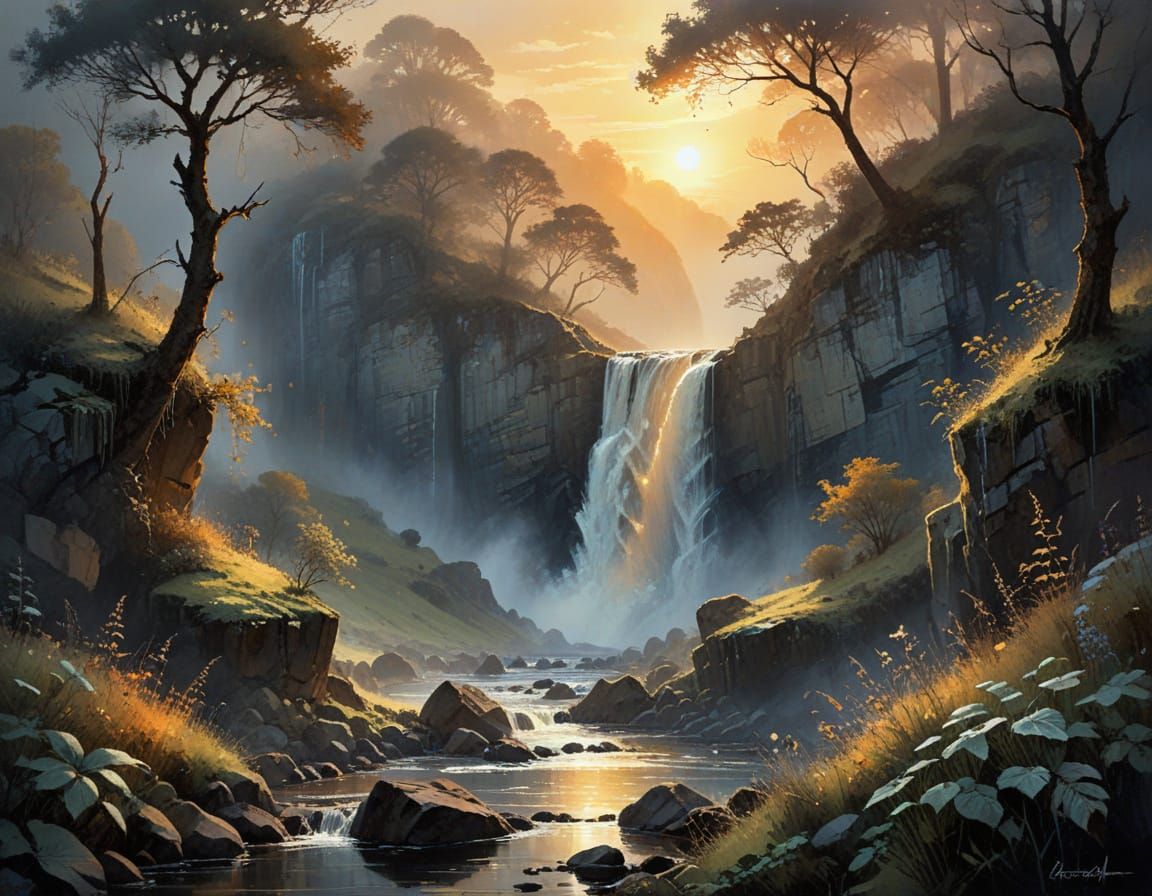 Impasto Painting of a Waterfall in a Misty Valley at Sunset