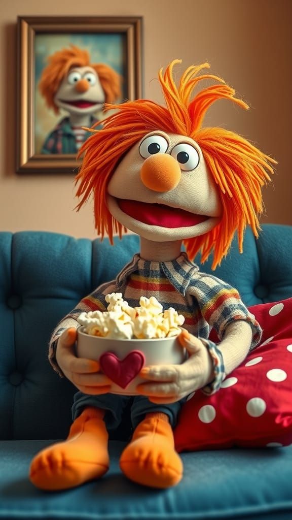 Jim Henson Style Puppet with Popcorn on Blue Sofa
