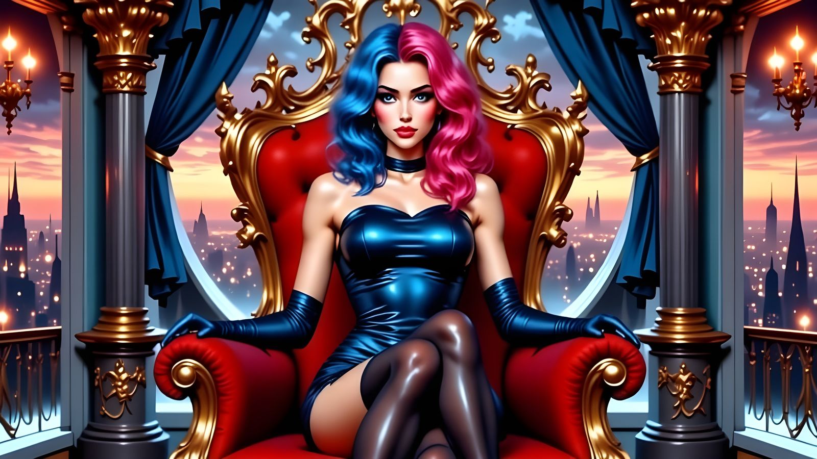 Cyberpunk Queen on Throne in Futuristic Penthouse