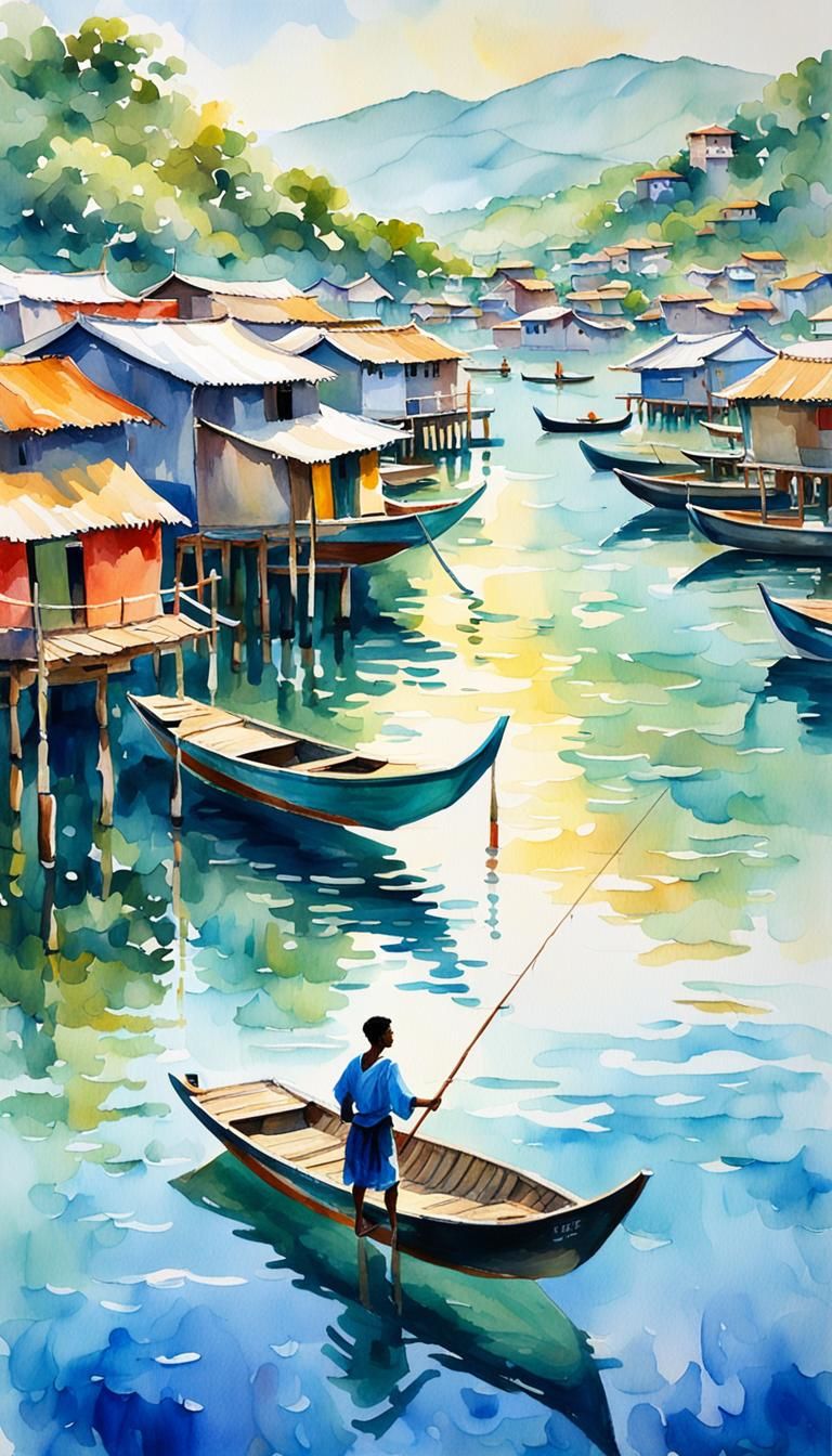 Idyllic Tropical Scene of Boy in Boat as Watercolor