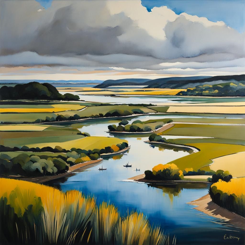Estuary Oil Painting in Gouache Style