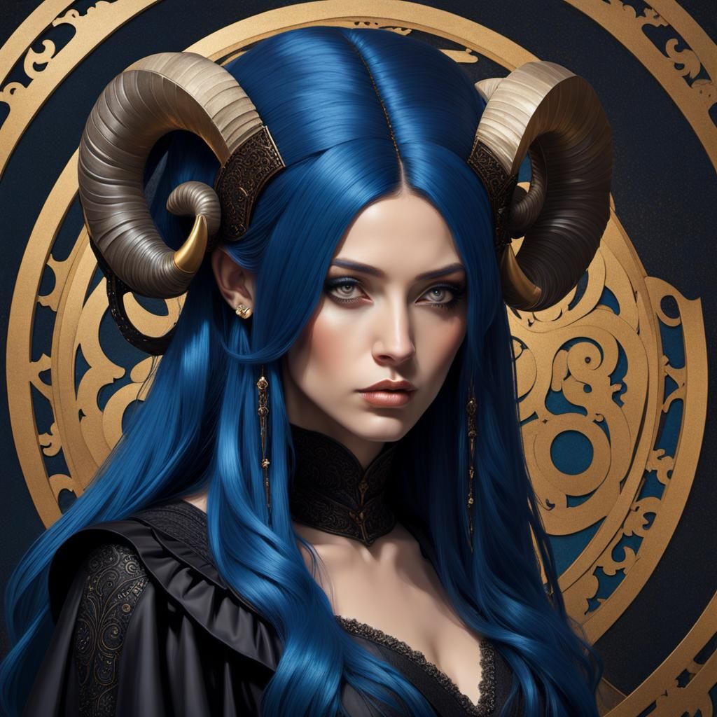 Gothic Woman with Sapphire Hair, Klimt-Inspired Portrait