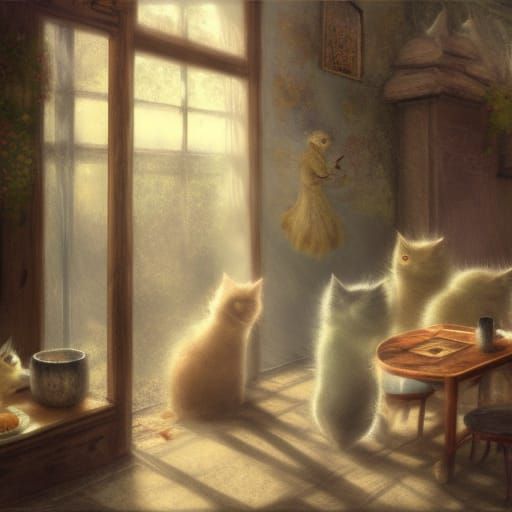 Cats in Abandoned Cafe: Ethereal Fantasy Art