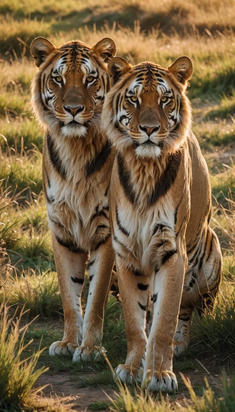 Lion and Tiger Together in Savannah, Wildlife Photography