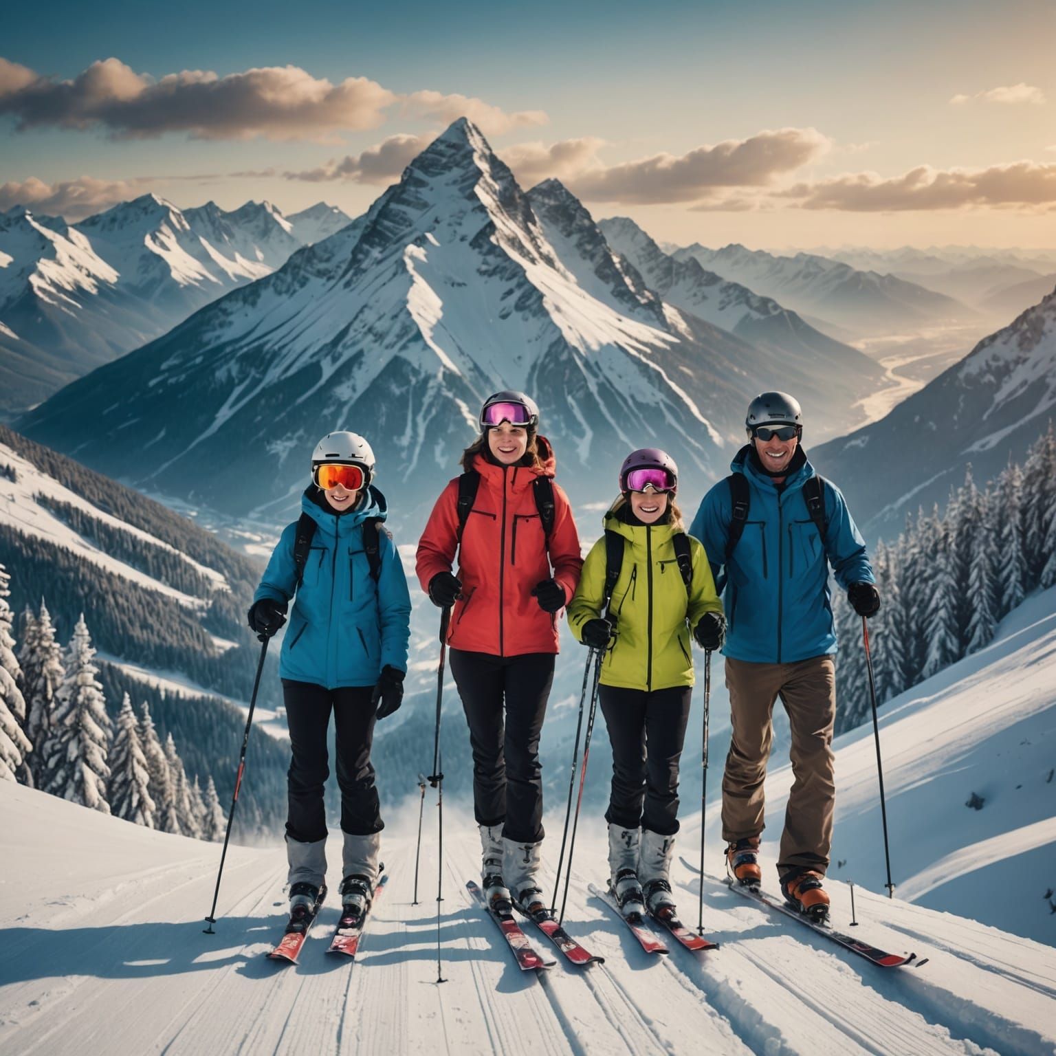 Family Skiing Adventure in a Dramatic Mountain Landscape