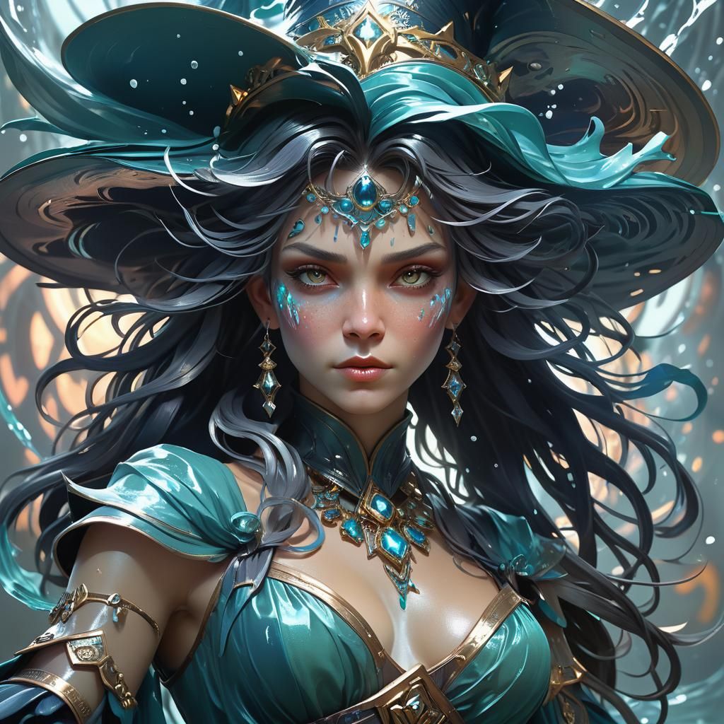 Detailed Portrait of a Water Witch in Splash Art Style