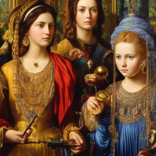 19th Century Family Scene with Gun, Gouache Style