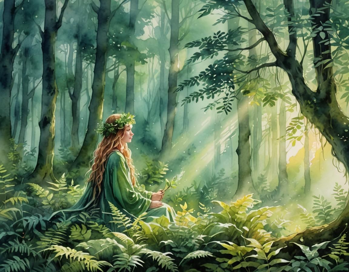 Gentle Forest Spirit in Watercolor Glade