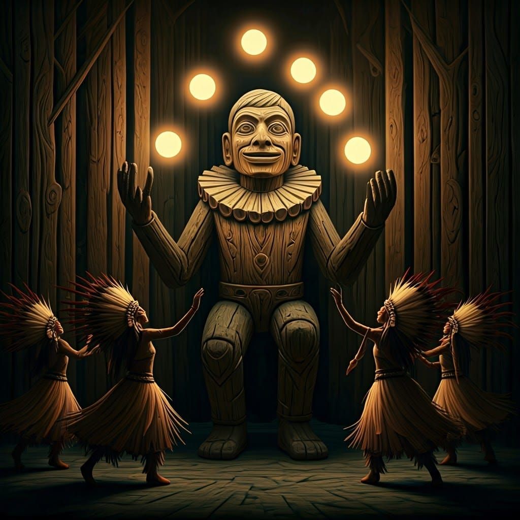 Totem Juggler Surrounded by Dancers in Folk Art Style