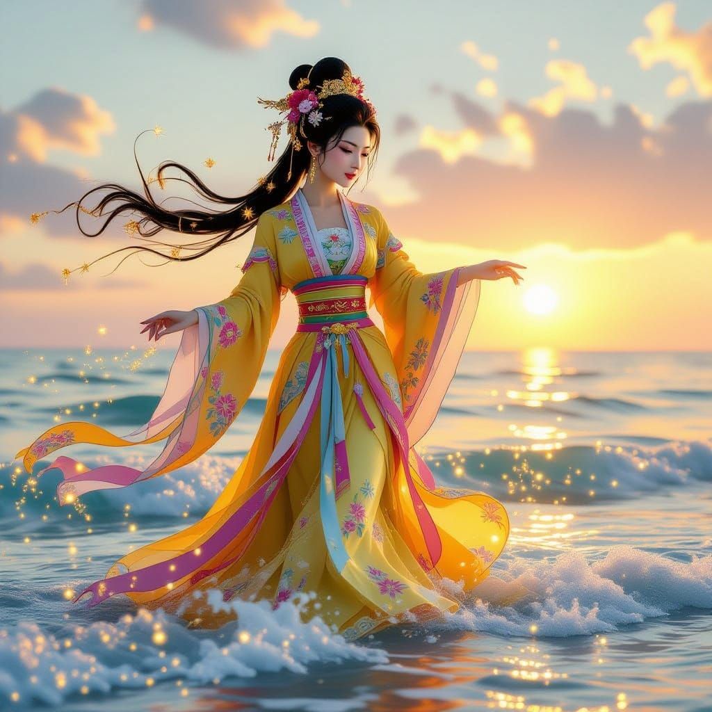 Elegant Woman in Ornate Gown at Glowing Sunrise Ocean