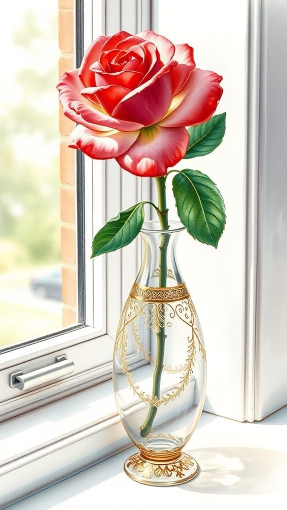 Watercolor Rose in Ornate Vase by Open Window