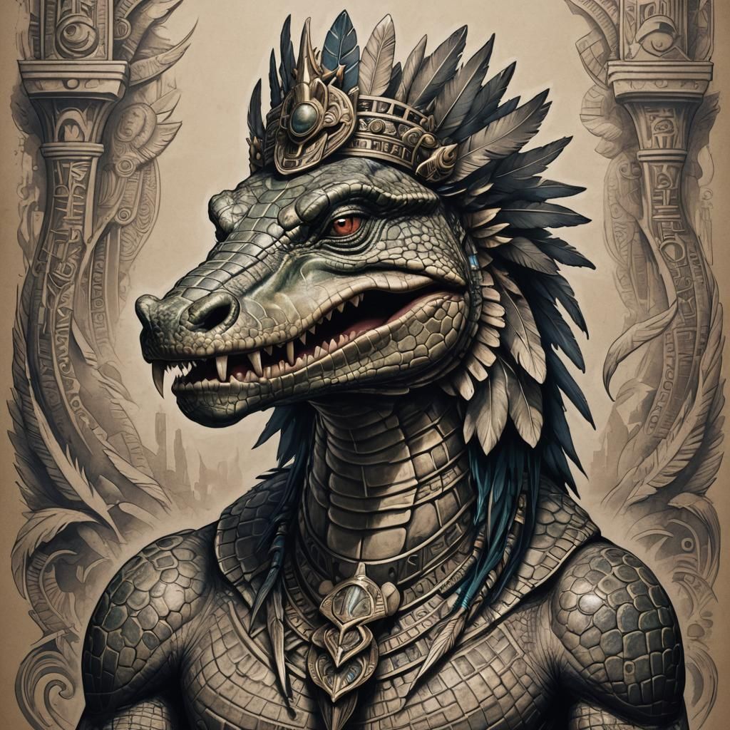 Striking conceptual tattoo design featuring Sobek, the ancient Egyptian crocodile goddess. The tattoo is intricately det...
