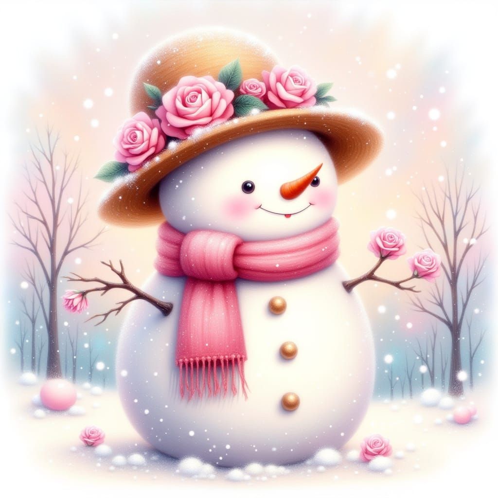 Snowman with Pink Roses in Soft Watercolor Style