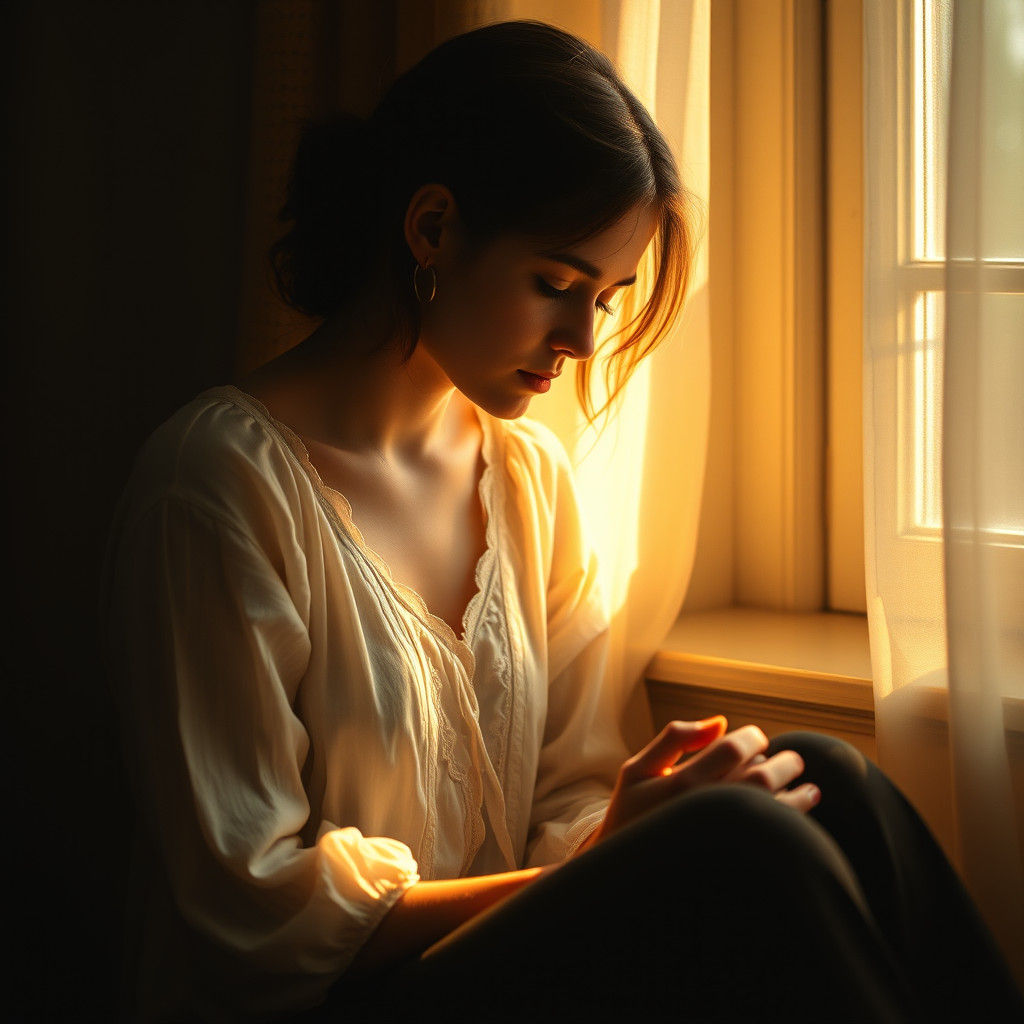 Contemplative Woman in Golden Light: Ethereal Digital Art