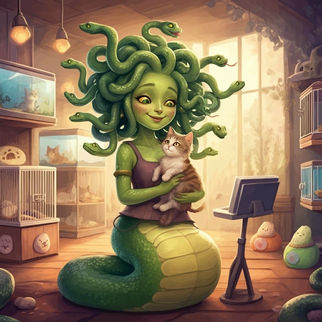 Whimsical Snake-Haired Medusa Pet Store Owner