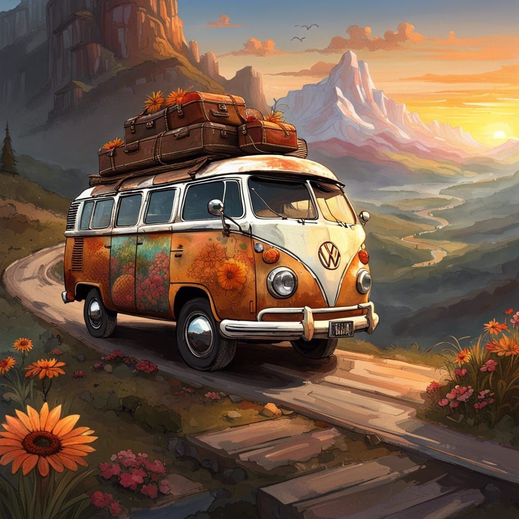 Floral VW Bus on Mountain Road at Sunset