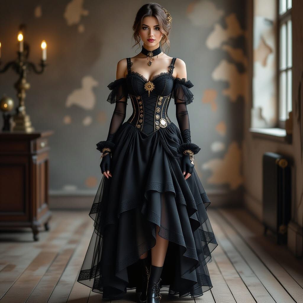 An attractive woman wearing a steampunk-inspired