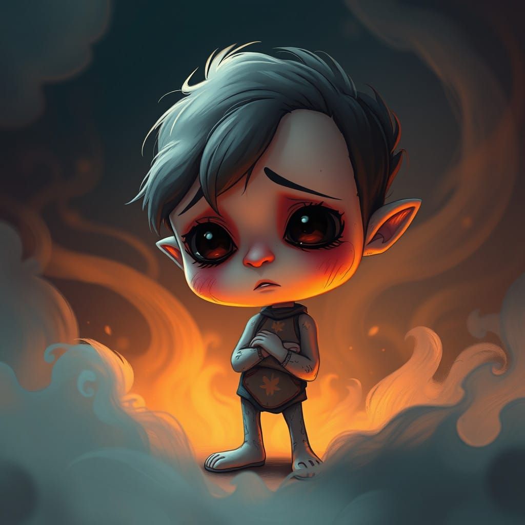 Whimsical Cartoon Character in a Melancholic Fantasy Setting