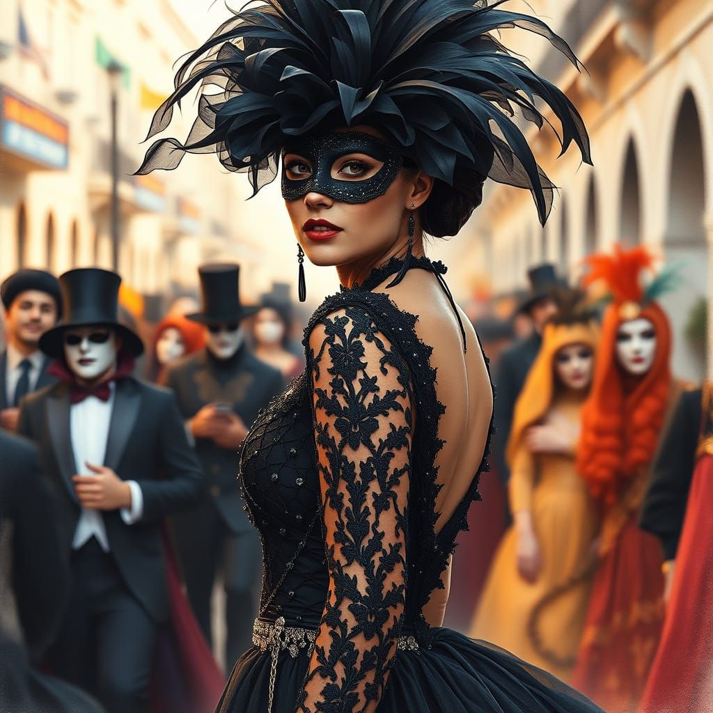 Elegant Woman in Black Mask and Gown, Venice Carnival Scene,...