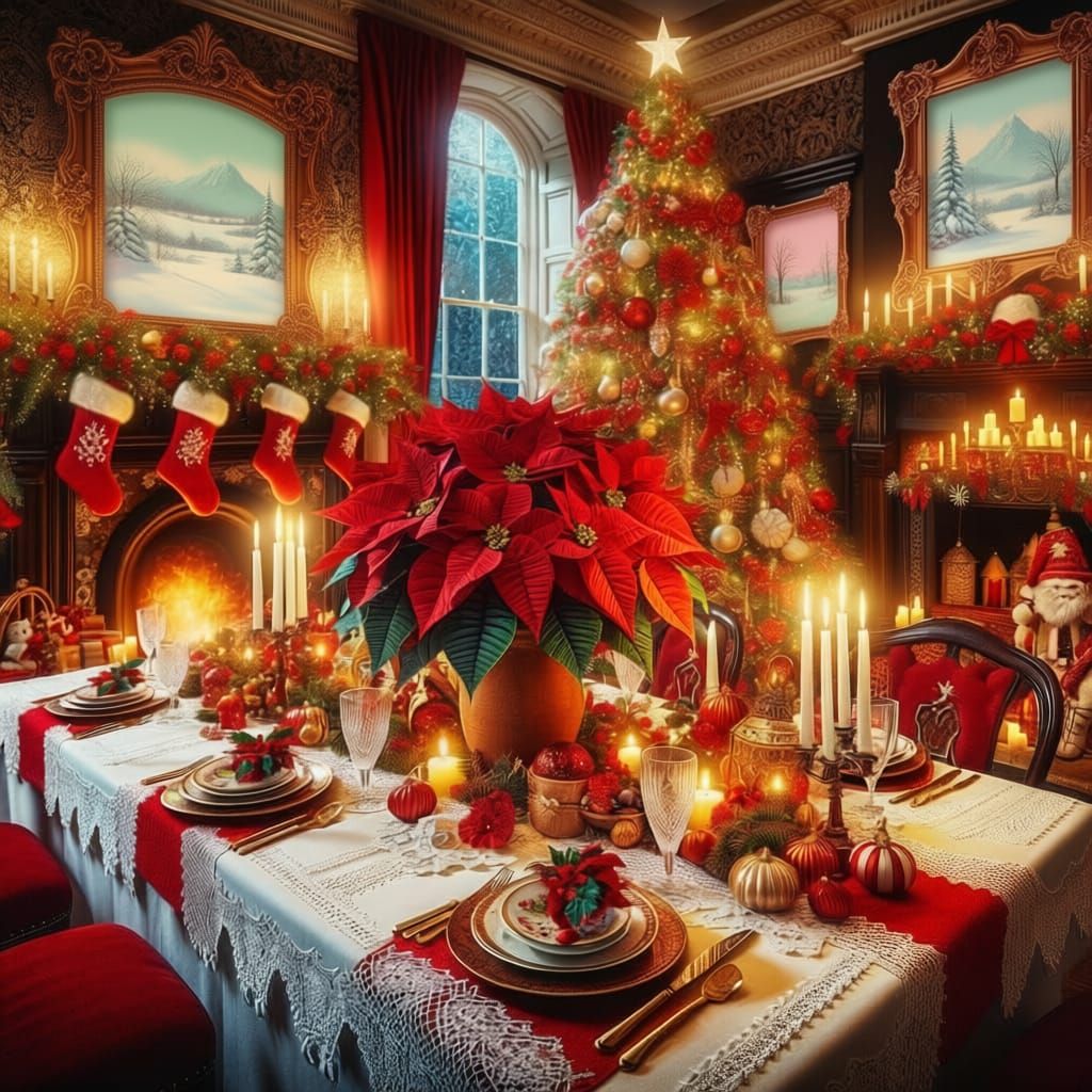 Festive Christmas Dinner Scene with Poinsettia and Fireplace