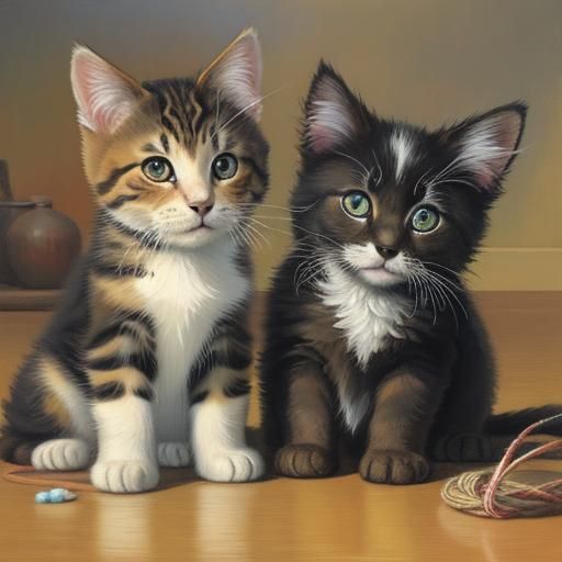 Puppy and Kitten's Yarn Game: An Oil Painting