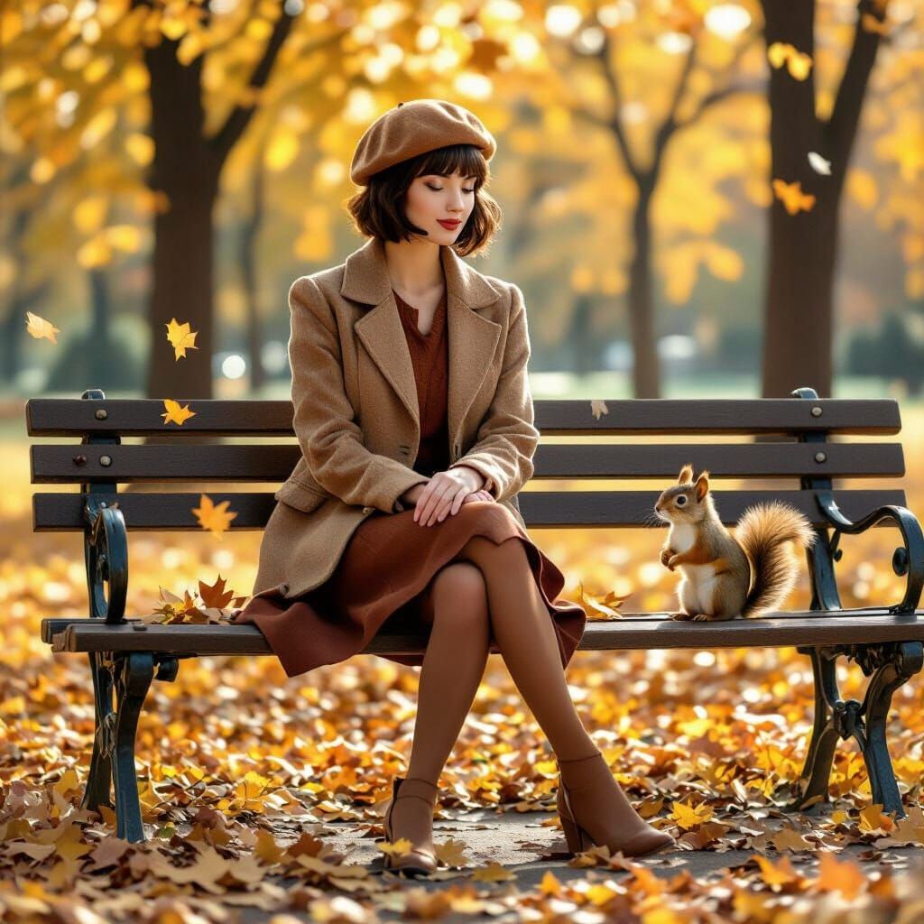 Woman and Squirrel in Autumn Park
