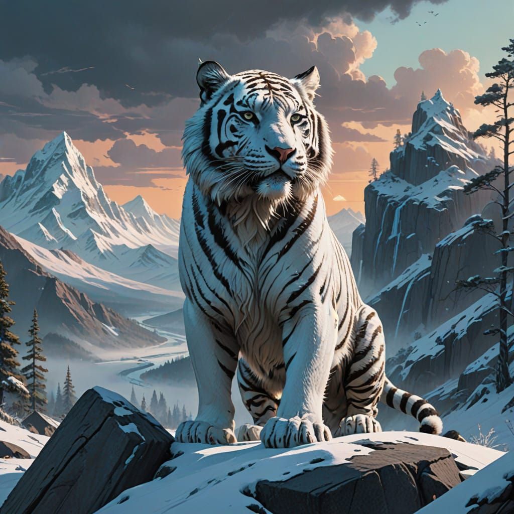 Regal White Ussuri Tiger on Snowy Mountain Peak