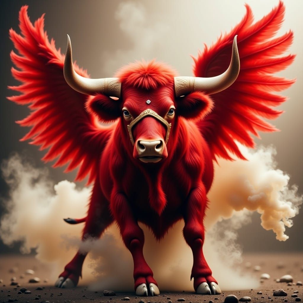 Winged Red Bull with Golden Ring, Hyperreal Style