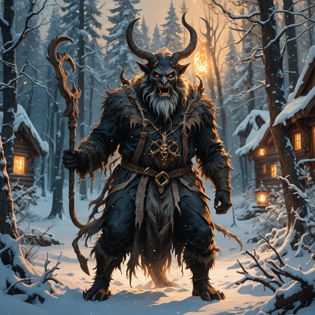 Mystical Krampus Emerges in Snowy Winter Wonderland