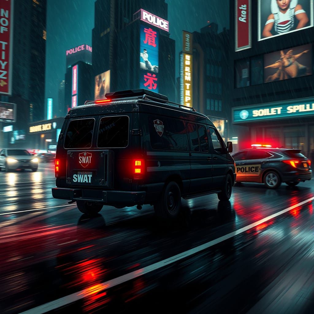SWAT Van Speeding Through Neon Cityscape