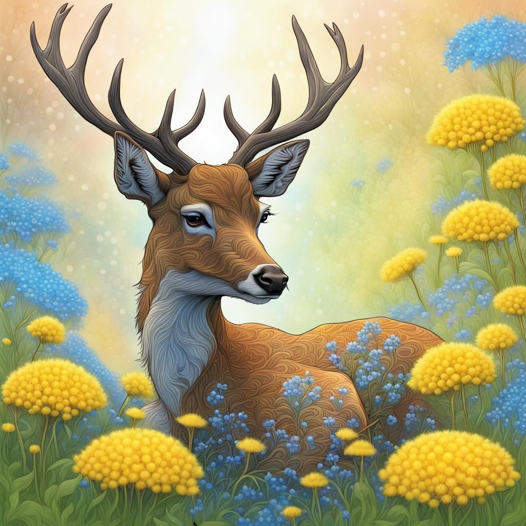 Young Deer Among Flowers with Abstract Fractal Elements