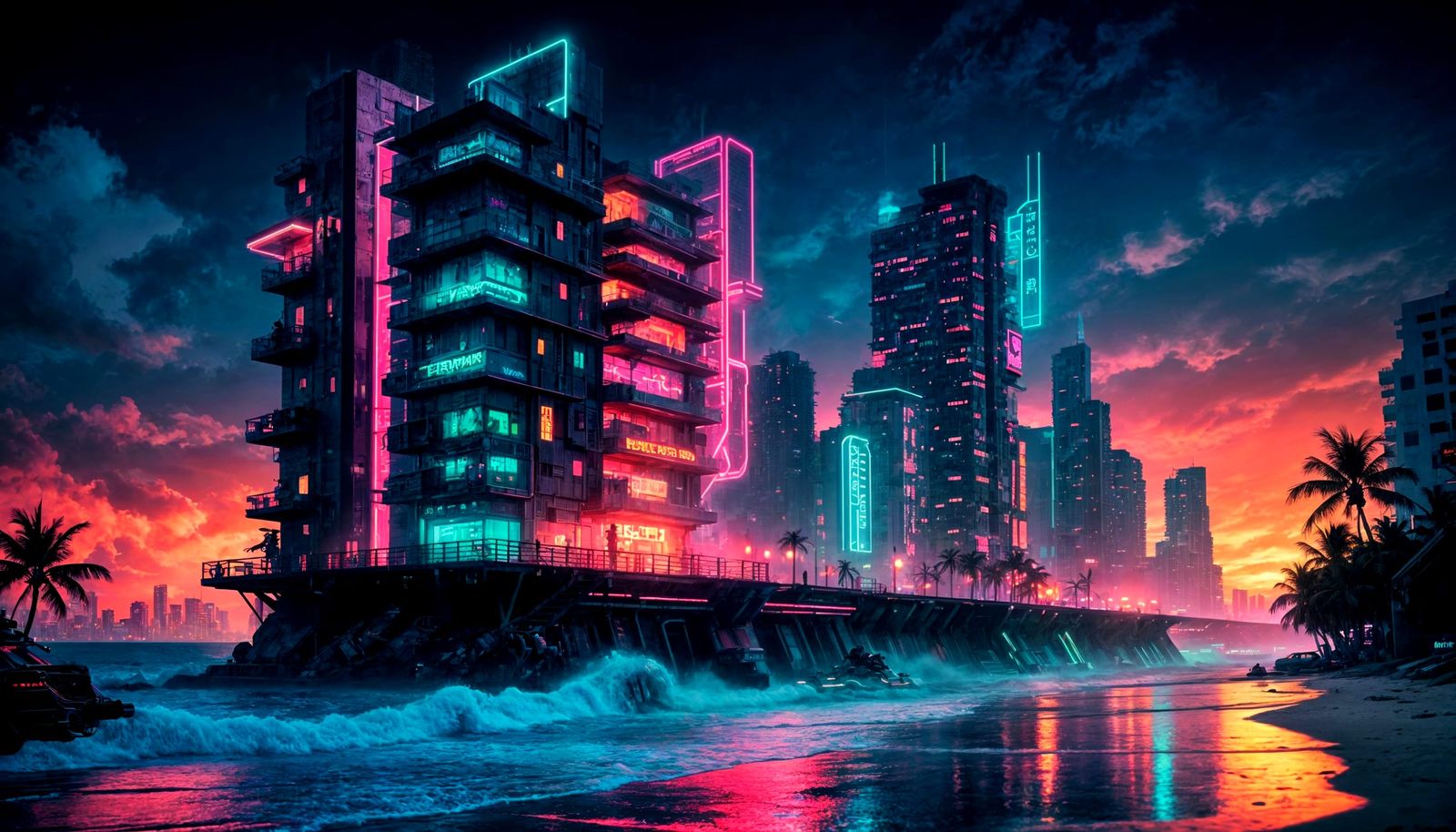 Neon Miami Beach Cyberpunk Dreamscape
