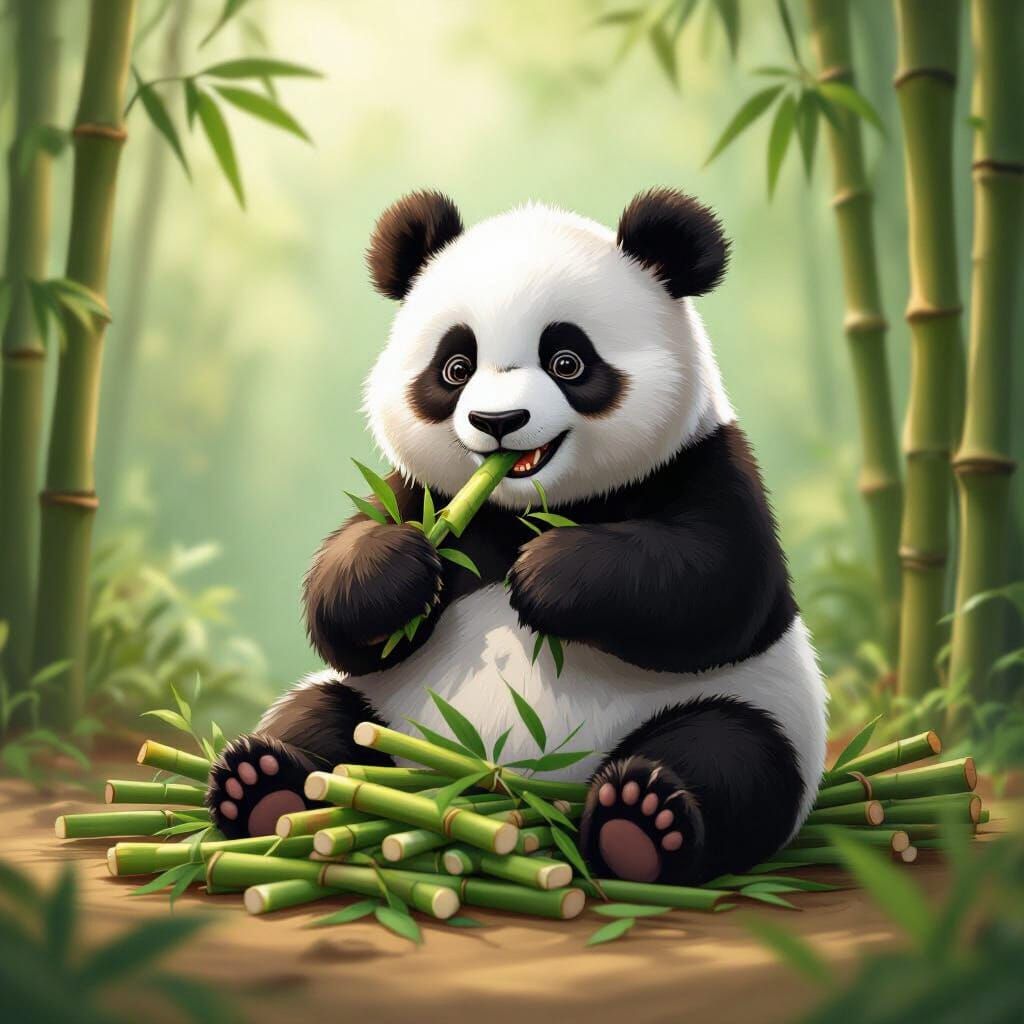Fluffy Panda Enjoys Bamboo in Digital Illustration Style
