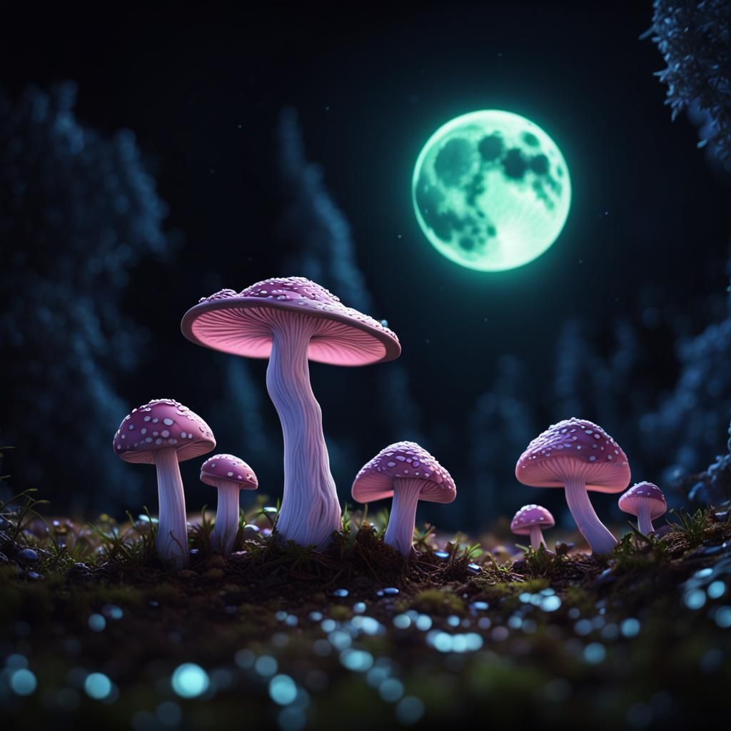 Fluorescent Mushrooms Under Moonlight: Sci-Fi Art