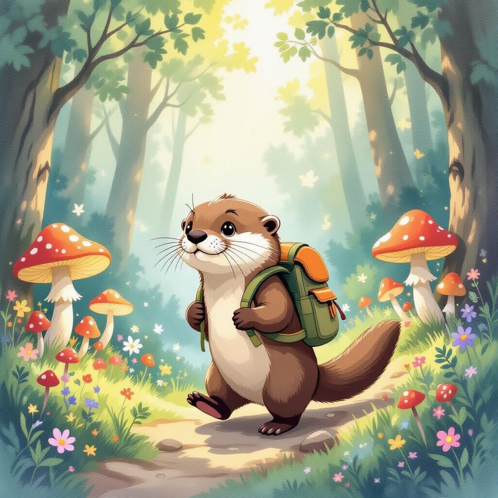 Playful Otter's Enchanted Forest Adventure in Watercolor Sty...