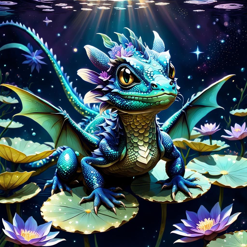 Cute Baby Water Dragon in Cosmic Underwater Scene