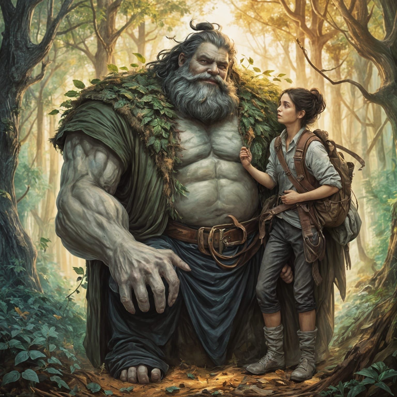 Gentle Giant in Forest Holding Tiny Human
