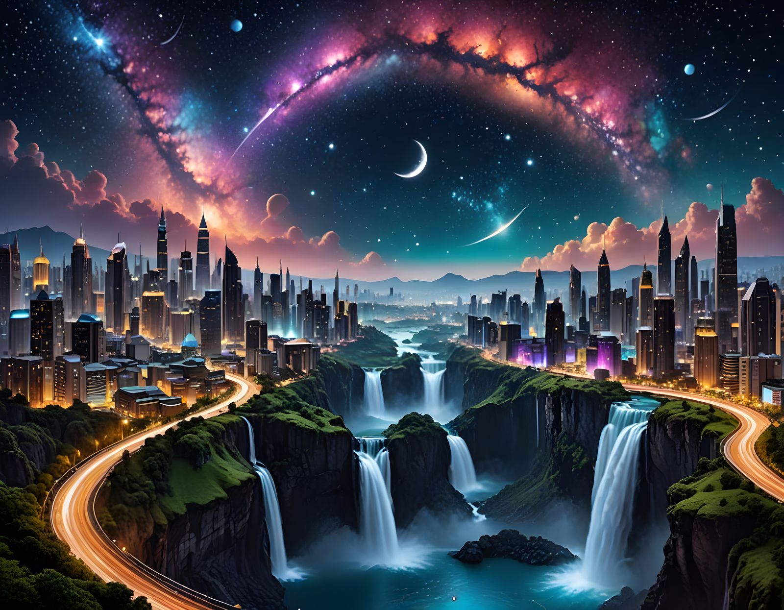 A futuristic city is on a crescent moon