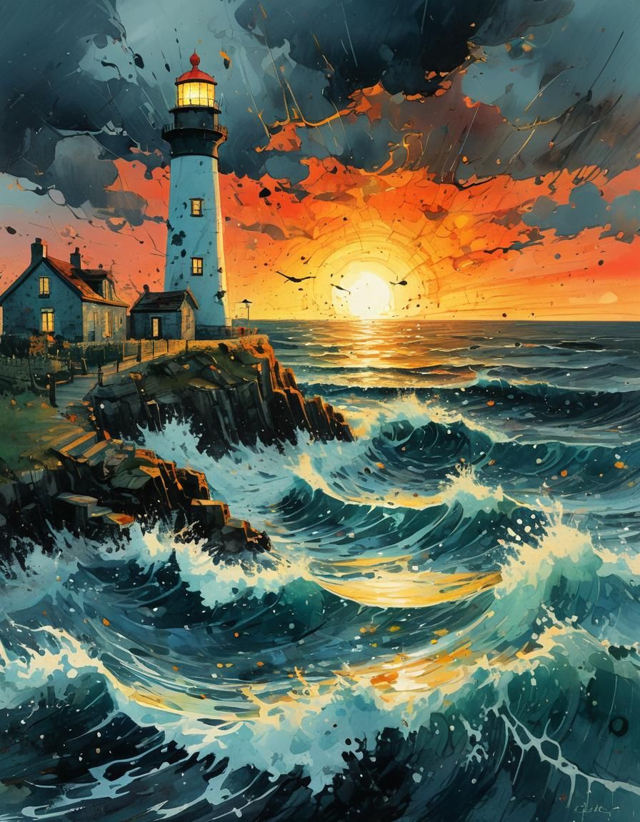 Lighthouse in Storm at Sunset: Abstract Expressionist Style