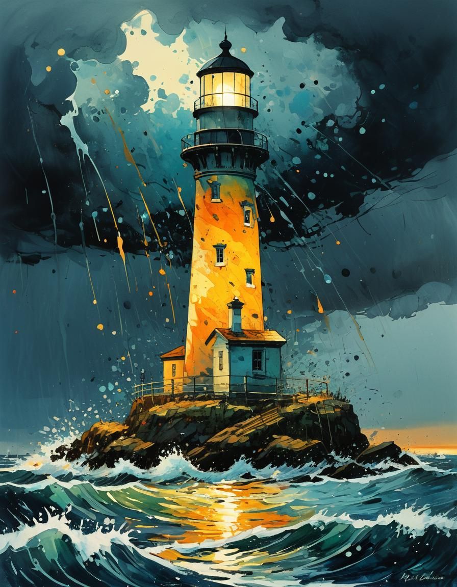 Lighthouse in Storm at Sunset: Marbling and Oil Painting