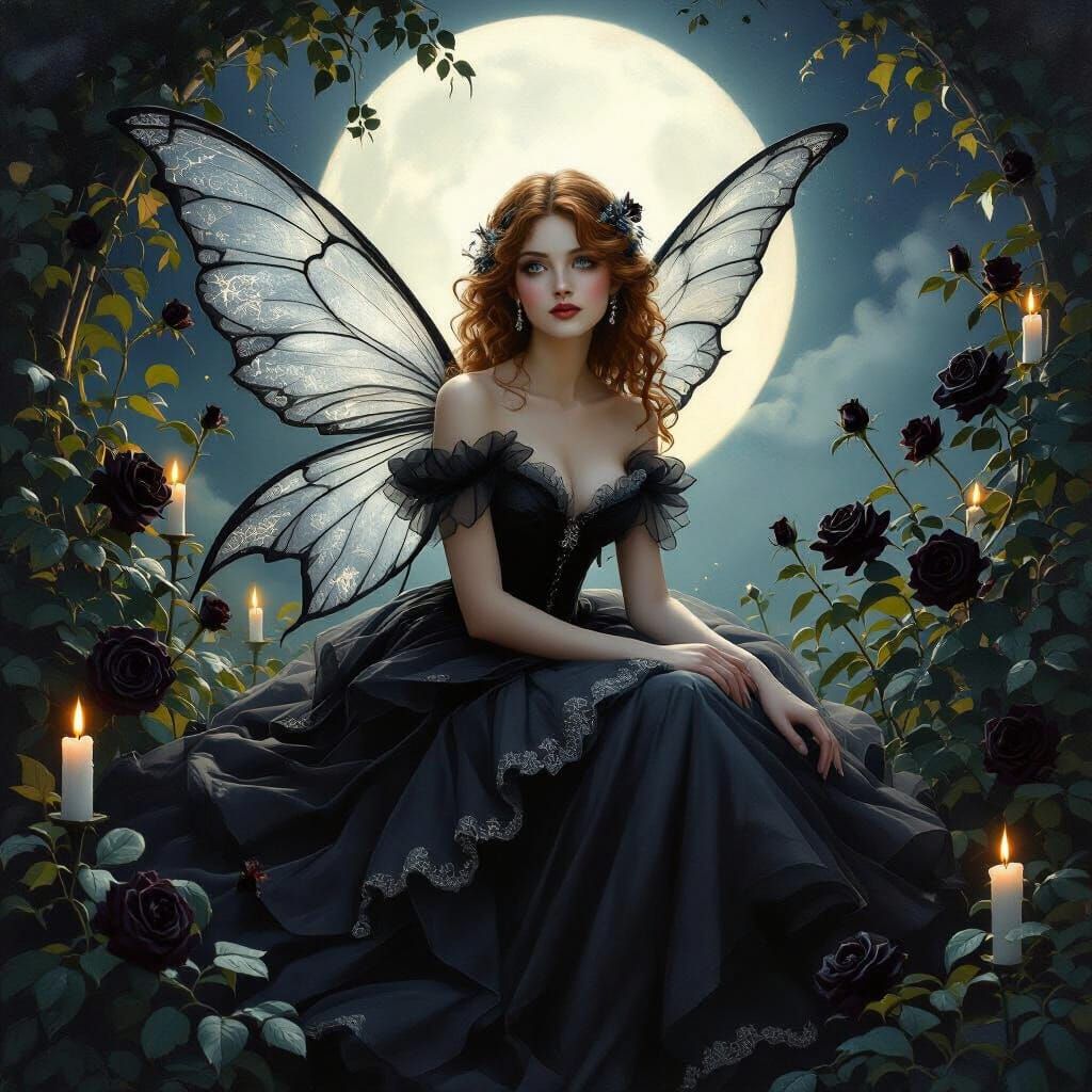 Victorian Fairy in Moonlit Rose Garden