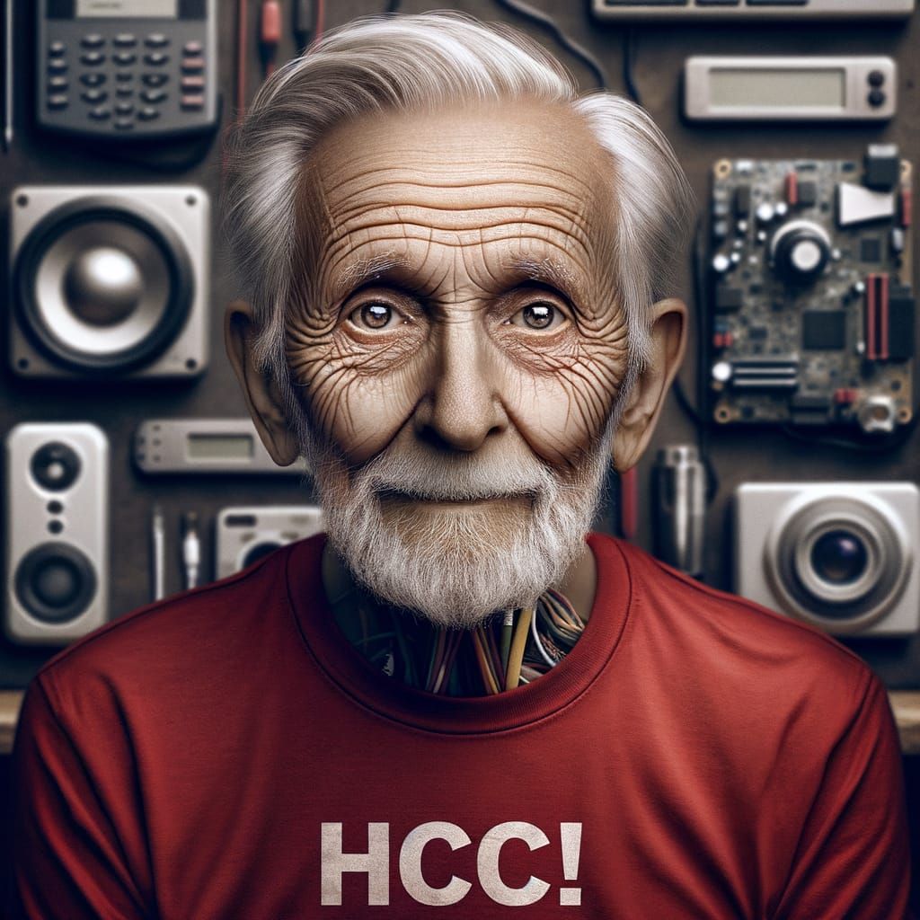 Elderly Computer Enthusiast in Red HCC Shirt