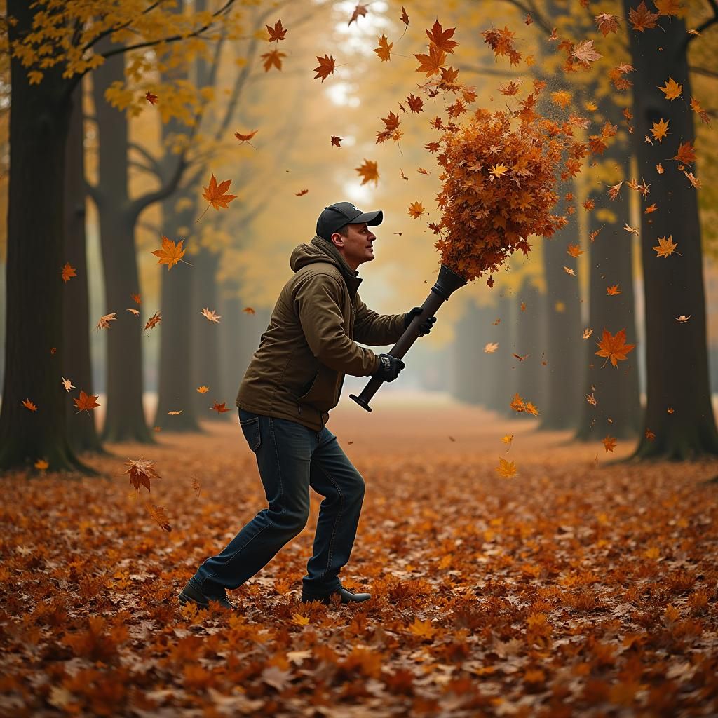 Autumn Leafblower Scene: A Whirlwind of Fall Colors