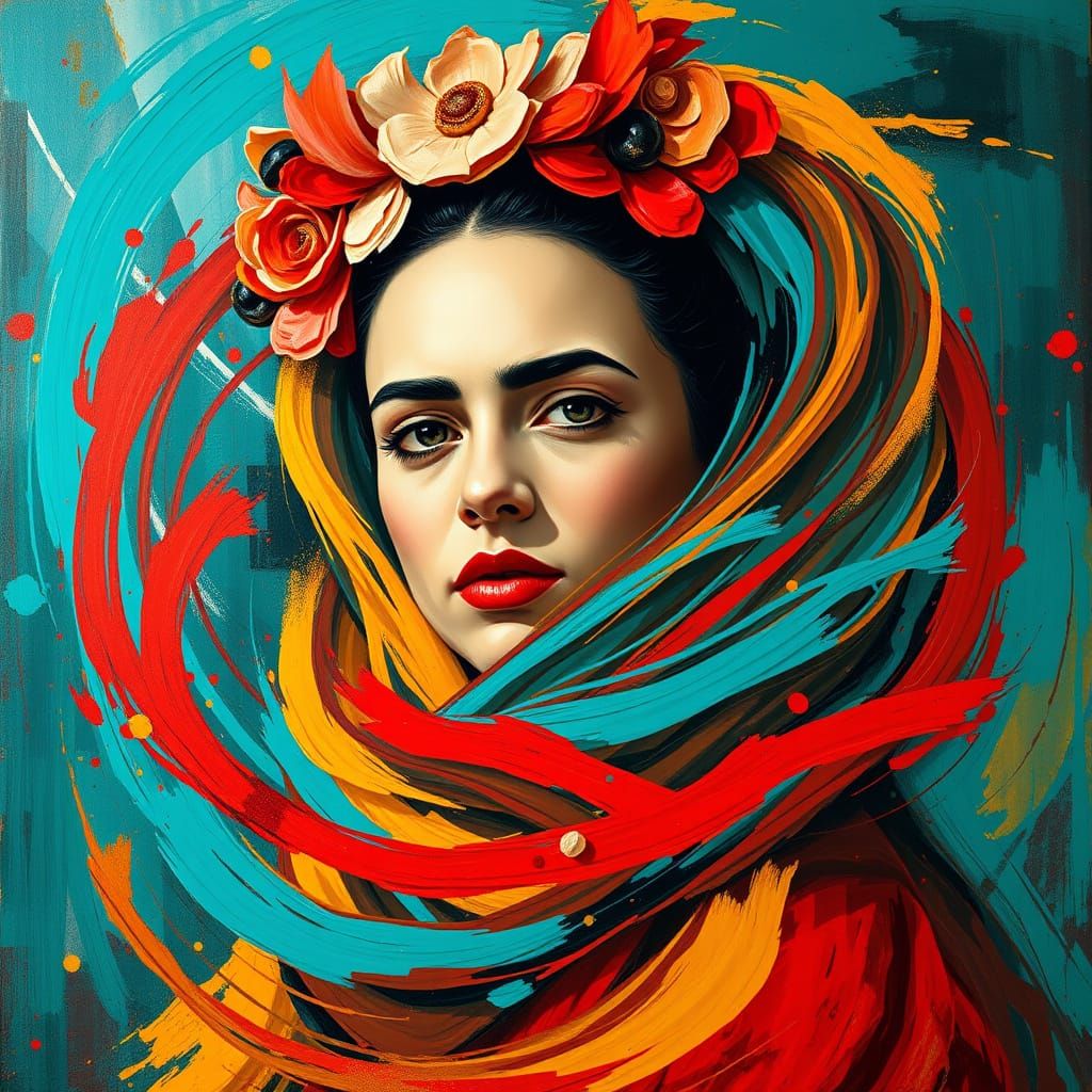 Surreal Portrait Swirling with Turquoise, Scarlet, and Gold