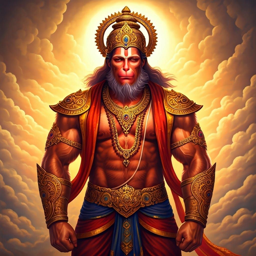 Hanuman: Majestic Deity in Ornate Golden Armor