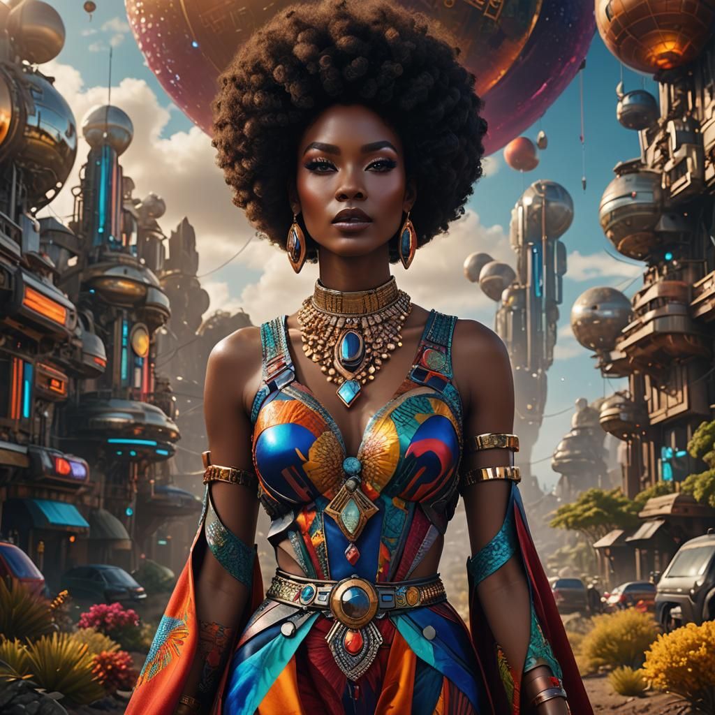Futuristic Afro Queen in Hyperrealistic Landscape