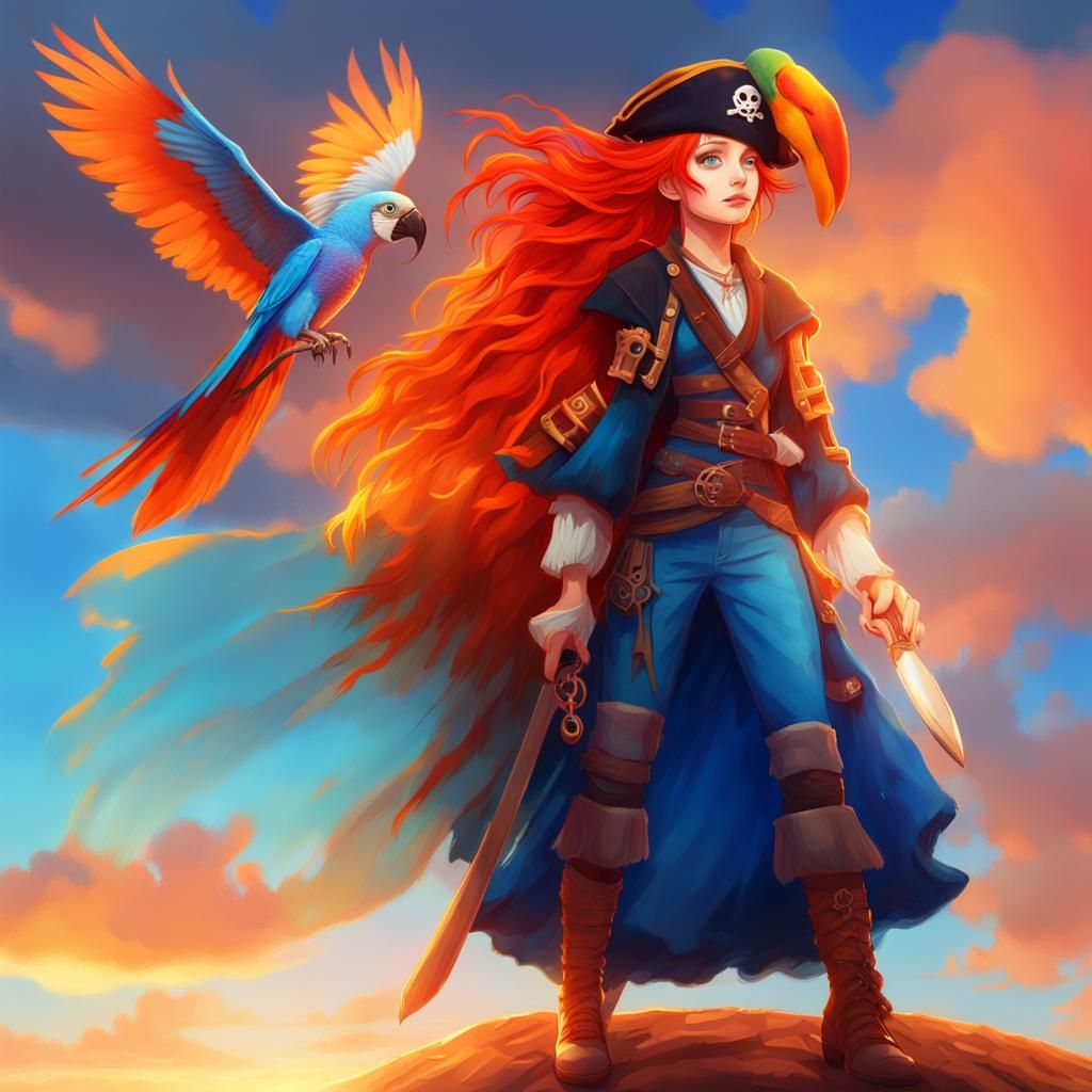 Anime Fantasy Portrait: Red-Haired Pirate Girl with Parrot