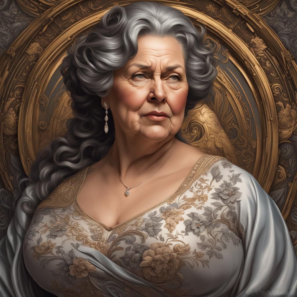 Beautiful older woman grandmother with brunette grey hair :: chubby obese curvy ::elegant Dress :: portrait :: highly i...